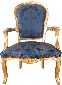 Casa Padrino Barock Salon Stuhl Royalblau Muster / Gold 60 x 50 x H. 93 cm - Handgefertigter Antik Stil Stuhl mit edlem Satinstoff - Möbel im Barockstil