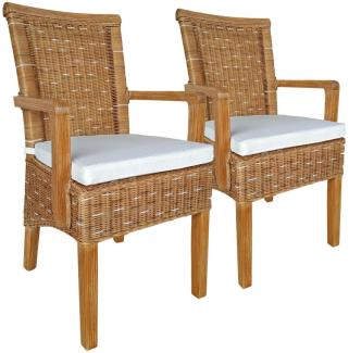 Esszimmer Stühle Set mit Armlehnen 2 Stück Rattanstuhl Perth capuccino Korbstuhl Sessel nachhaltig mit Sitzkissen Leinen weiss