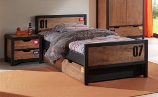 Alex Set best. aus Einzelbett 90 x 200 cm mit Lattenrost, Bettschublade und Nachtkonsole, Ausf. Kiefer gebürstet Rahmen schwarz