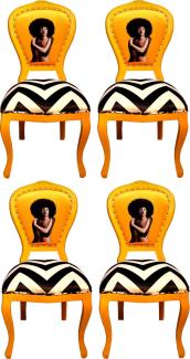 Casa Padrino Luxus Barock Esszimmer Set Schwarz / Weiß Streifen / Gelb 55 x 54 x H. 103 cm - 4 handgefertigte Designer Esszimmerstühle - Barock Esszimmermöbel