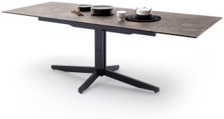 RIMINI Esstisch mit vormontierten Stirnauszug, ausziehbar bis 240 cm, Tischplatte aus Sicherheitsglas mit HPL, Gestell schwarz matt mit Tischplatte in Steinoptik Braun