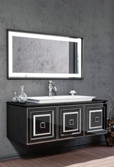 Casa Padrino Luxus Badezimmer Set Schwarz / Silber - 1 Waschtisch mit Waschbecken & 1 LED Wandspiegel - Luxus Badezimmer Möbel