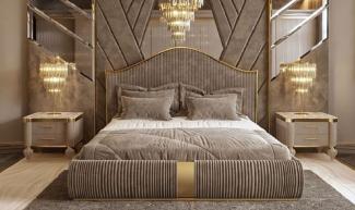 Casa Padrino Luxus Art Deco Schlafzimmer Set Grau / Weiß / Gold - 1 Doppelbett mit Kopfteil & 2 Nachttische - Art Deco Schlafzimmer & Hotel Möbel - Luxus Kollektion