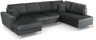Micadoni 7-Sitzer Samtstoff Panorama Sofa Rechts mit Box und Schlaffunktion Moghan | Bezug Dark Grey | Beinfarbe Gold Me.