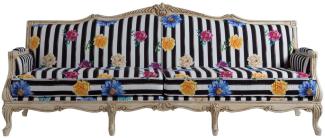 Casa Padrino Luxus Barock Sofa Schwarz / Weiß / Mehrfarbig / Antik Cremefarben 245 x 80 x H. 100 cm - Gestreiftes Barockstil Sofa mit Blumenmuster - Barock Wohnzimmer Möbel