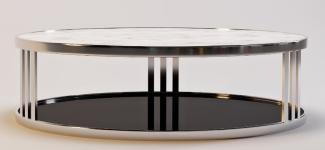 Casa Padrino Luxus Couchtisch Silber / Weiß / Schwarz Ø 115 x H. 33 cm - Runder Wohnzimmertisch mit Marmorplatte und getönter Glasplatte - Luxus Möbel