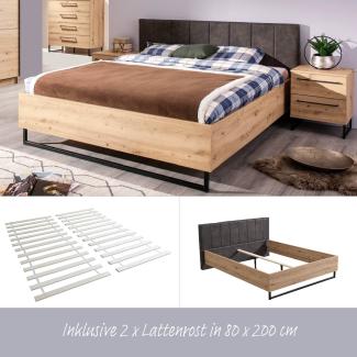 Doppelbett Holzbett Polsterbett 160x200 cm Bett Lattenrost Eiche Stoff Grau Industrial Style