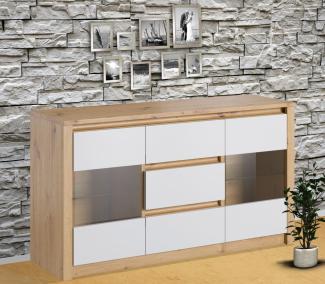 Kommode "Malta" Sideboard Anrichte 140cm grifflos mit Glastüren artisan eiche weiß