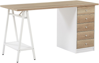 Schreibtisch heller Holzfarbton / weiß 140 x 60 cm 5 Schubladen HEBER