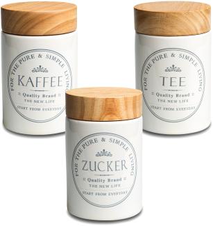 KHG Vorratsdosen Kaffee Tee Zucker Behälter je 1 Liter, Küchen Aufbewahrung Steingut Keramik mit Holzdeckel aus Bambus, Landhaus und Vintage Stil, luftdichter Verschluss