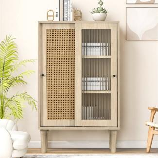 Merax Highboard, mit Glastür und Rattangeflecht,Vitrine Landhaus,Kommode,Sideboard