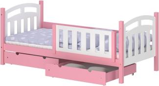 WNM Group Kinderbett mit Rausfallschutz Suzie - Jugenbett aus Massivholz - Bett mit 2 Schubladen für Mädchen und Jungen - Funktionsbett 200x90 cm - Rosa