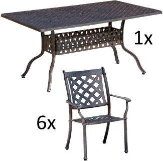 Inko 7-teilige Sitzgruppe Alu-Guss bronze Tisch 150x97x74 cm cm mit 6 Sesseln Tisch 150x97 cm mit 6x Sessel Duke
