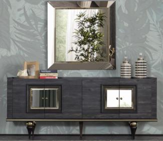 Casa Padrino Luxus Art Deco Sideboard Grau / Schwarz / Messingfarben 210 x 44 x H. 86 cm - Edler Schrank mit 4 Türen - Art Deco Möbel