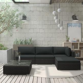 vidaXL 5-tlg. Garten-Lounge-Set mit Auflagen Poly Rattan Schwarz