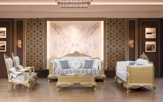 Casa Padrino Luxus Barock Wohnzimmer Set Blau / Weiß / Gold - 2 Sofas & 2 Sessel & 1 Couchtisch - Prunkvolle Barock Möbel - Wohnzimmer Möbel
