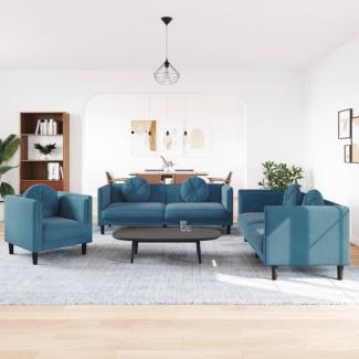 3-tlg. Sofagarnitur mit Kissen Blau Samt (Farbe: Blau)