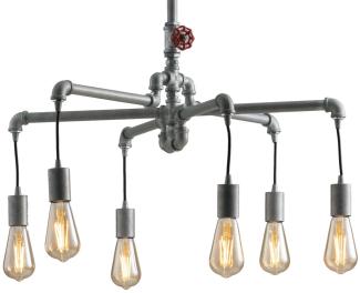 LED Kronleuchter in Industrial Wasserrohr Optik 6-flammig, Grau antik