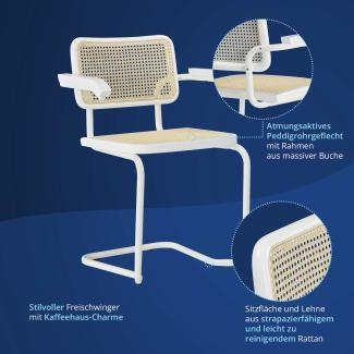 KHG 6er Set Schwingstühle mit Armlehnen Weiß Made in Italy - Rückenlehne und Sitzfläche aus Massivholz Buche und Rattan - Esszimmerstuhl, Küchenstuhl Design Stuhl mit Wiener Geflecht