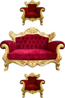 Casa Padrino Luxus Barock Wohnzimmer Set Bordeauxrot / Gold - 1 Barock Sofa & 2 Barock Sessel - Wohnzimmer Möbel im Barockstil - Edel & Prunkvoll