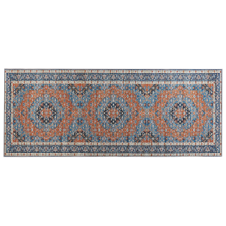 Teppich blau orange 80 x 200 cm orientalisches Muster Kurzflor MIDALAM