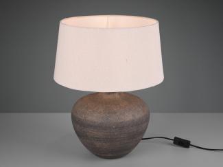 Große LED Keramik Tischleuchte braun mit Stoffschirm in beige, Ø 38cm Höhe 46cm