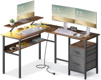 VASAGLE L-förmiger Schreibtisch mit Steckdosen, Eckschreibtisch, Computertisch, Monitorständer, Gaming-Tisch, LED-Beleuchtung, USB-Anschlüsse, einfache Montage, Homeoffice, vintagebraun von SONGMICS