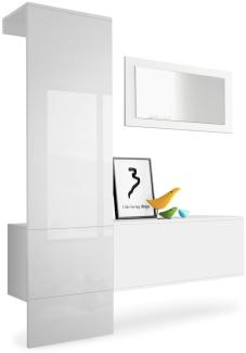 Vladon Garderobe Carlton Set 4, Garderobenset bestehend aus 1 Garderobenpaneel, 1 Schrankmodul und 1 Wandspiegel, Weiß matt/Weiß Hochglanz (156 x 193 x 35 cm)