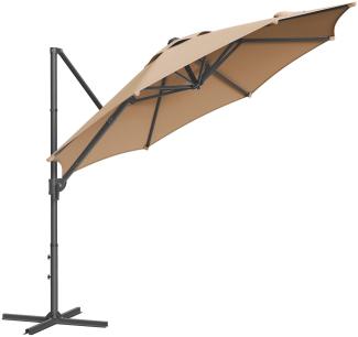 SONGMICS Sonnenschirm, Ampelschirm, 300 cm, UPF 50+, Gartenschirm, um 360° drehbar, Neigungswinkel stufenlos verstellbar, mit Kurbel, Kreuzfuß, kamelbraun