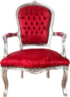 Casa Padrino Barock Salon Stuhl Bordeauxrot Muster / Silber 60 x 50 x H. 93 cm - Handgefertigter Antik Stil Stuhl mit edlem Satinstoff - Möbel im Barockstil