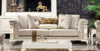 Casa Padrino Luxus Barock Sofa Hellgrau / Weiß / Gold - Beleuchtetes Wohnzimmer Sofa im Barockstil - Barock Wohnzimmer Möbel - Edel & Prunkvoll