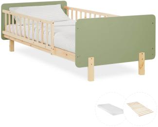 Kinderbett 90x200 cm mit Matratze Rausfallschutz Grün Bettgestell Holzbett Einzelbett Gitterbett Massiv Holzbettrahmen Lattenrost