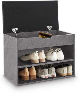 Juskys Schuhregal mit Klappdeckel und gepolstertem Sitz 60x30x44 cm - Schmale Sitzbank aus Holz mit Schuhablage und Polster - Betonoptik