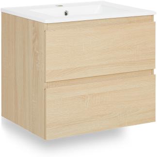 Badmöbel Waschtisch 60 cm Holz Eiche Waschbecken mit Unterschrank hängend 2 Schubladen Badezimmer Hängeschrank