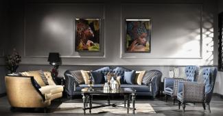 Casa Padrino Luxus Barock Wohnzimmer Set Blau / Gold / Schwarz - 2 Sofas & 2 Sessel & 1 Couchtisch & 2 Beistelltische - Barock Möbel - Edel & Prunkvoll