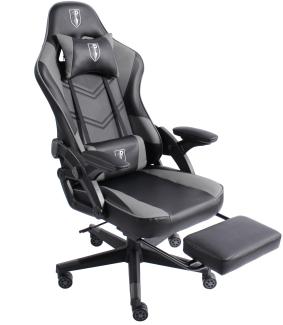 Gaming Stuhl im modernen Racing-Design mit ausziehbarer Fußstütze Gaming Chair mit verstellbaren Design Armlehnen ergonomischer Schreibtischstuhl mit extra Stützkissen Schwarz/Grau