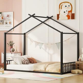 Merax 90*200cm Hausbett, Eisenrahmenbett, Kinderbett, Hausleiste, Schwarz