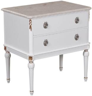 Casa Padrino Luxus Barock Nachtkommode Weiß / Cremefarben / Antik Gold / Silber - Handgefertigter Massivholz Nachttisch mit Marmorplatte - Barock Schlafzimmer Möbel