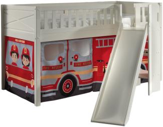 SCOTT Spielbett, LF 90 x 200 cm, mit Rolllattenrost, Rutsche, Leiter und Textilset "FIRE RESCUE", weiß lackiert