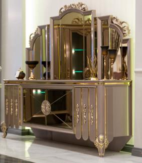 Casa Padrino Luxus Barock Möbel Set Sideboard mit Spiegel Schwarz / Grau / Gold 214 x 88 x H. 192 cm - Prunkvoller Massivholz Schrank mit elegantem Wandspiegel - Möbel im Barockstil