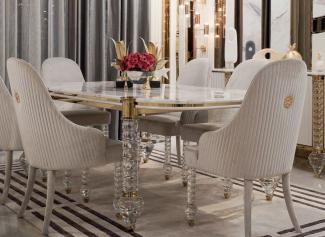 Casa Padrino Luxus Art Deco Esstisch Weiß / Gold 230 x 121 x H. 77 cm - Art Deco Esszimmer Tisch mit Kunstmarmor Tischplatte - Art Deco Möbel - Esszimmer Möbel - Luxus Möbel - Luxus Qualität