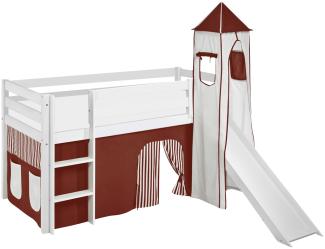 Lilokids 'Jelle' Spielbett 90 x 190 cm, Braun Beige, Kiefer massiv, mit Turm, Rutsche und Vorhang