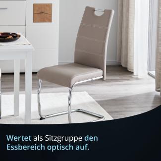 KHG 6er Set Esszimmerstühle Schwingstuhl Polsterstuhl Küchenstuhl Kunstleder Beige - Design Stuhl Sitzhöhe 48 cm - Freischwinger mit integriertem Griff
