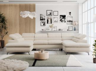 Ecksofa U-Form, mit Bettkasten, Bettfunktion und Einstellbare Kopfstützen, Sofa big XXL - PETER U - Beige Boucle