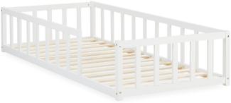 Kinderbett 90x200 Bodenbett mit Rausfallschutz Montessori Bett Kleinkindbett Holz Massiv Weiß Einzelbett Lattenrost Bettgestell