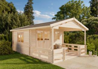 Alpholz Gartenhaus Falkland-44 ISO Gartenhaus aus Holz Holzhaus mit 44 mm Wandstärke inklusive Terrasse FSC zertifiziert Blockbohlenhaus mit Montagematerial