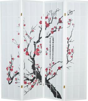 Homestyle4u Paravent 4-tlg., Kirschblütenmuster, Holz / Reispapier weiß, 176 x 175 cm