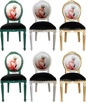 Casa Padrino Luxus Barock Esszimmer Set Flamingo mit Krone Grün / Weiß / Gold 48 x 50 x H. 98 cm - 6 handgefertigte Esszimmerstühle mit Bling Bling Glitzersteinen - Barock Esszimmermöbel