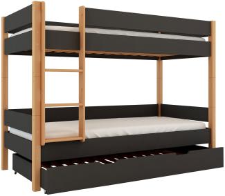 Polini-Kids 'Lollipop' Etagenbett mit Zusatzbett-Bettkasten, massives Buchenholz grau, 90 x 200 cm