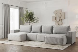 Wohnlandschaft U-Form Sofa ESTELLE mit Schlaffunktion in Stoff Poso Hellgrau